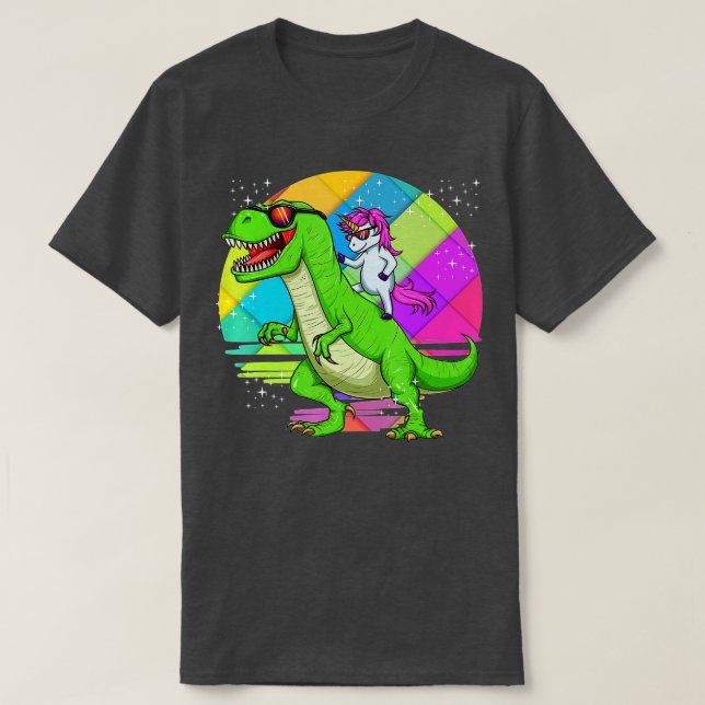 Unicorn Riding Dinosaur T Rex Rainbow Cute Fun Gif T-Shirt (Design Front)