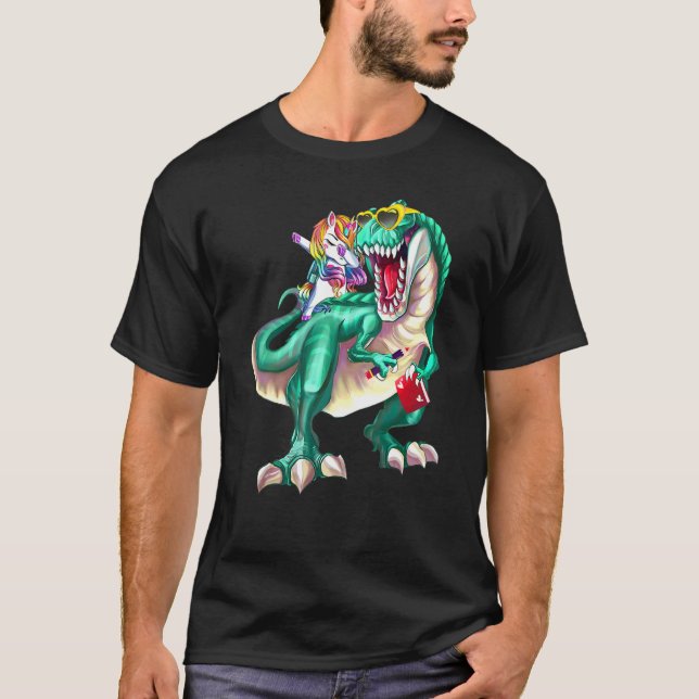 Unicorn Riding Dinosaur Wearing Sunglasses School  T-Shirt (Front)