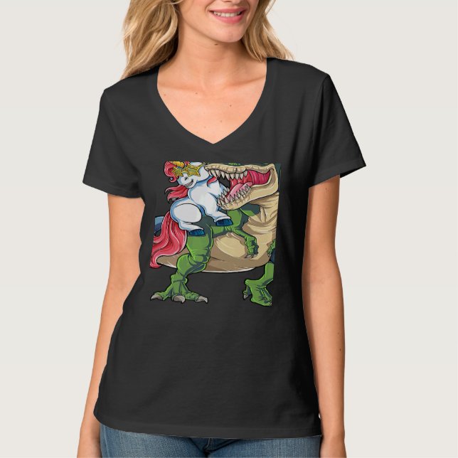 Unicorn Riding rex Dinosaur Rainbow Boys Girls Tee (Front)