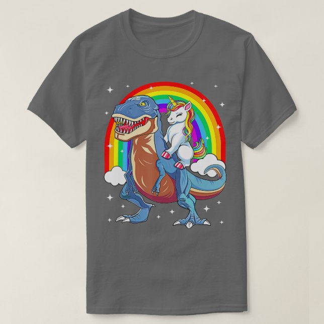 Unicorn Riding T rex Dinosaur Boys Girls Men Women T-Shirt (Design Front)