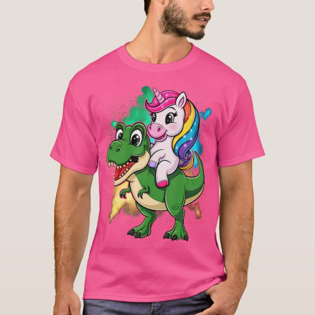 Unicorn Riding T Rex Dinosaur Boys Girls Men Women T-Shirt (Front)