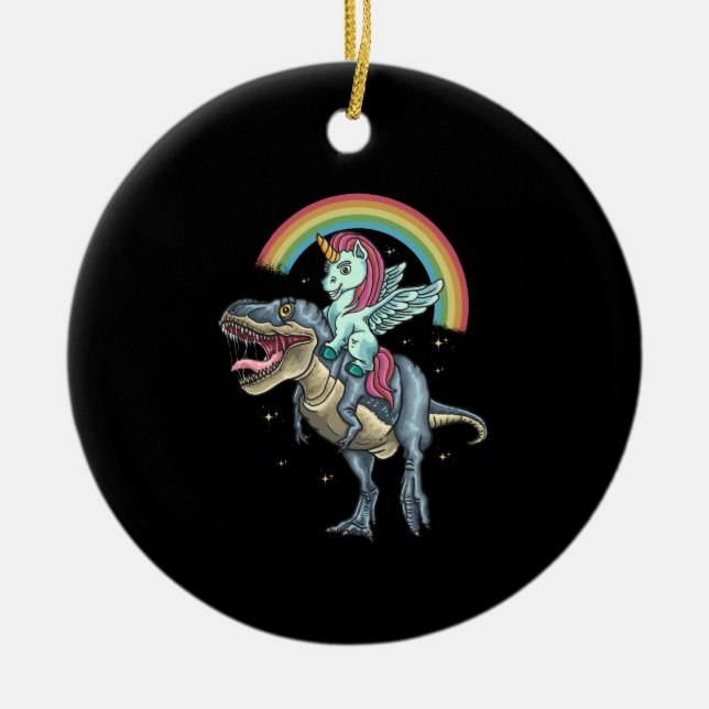 Unicorn Riding T rex Dinosaur Ceramic Tree Decoration (Front)