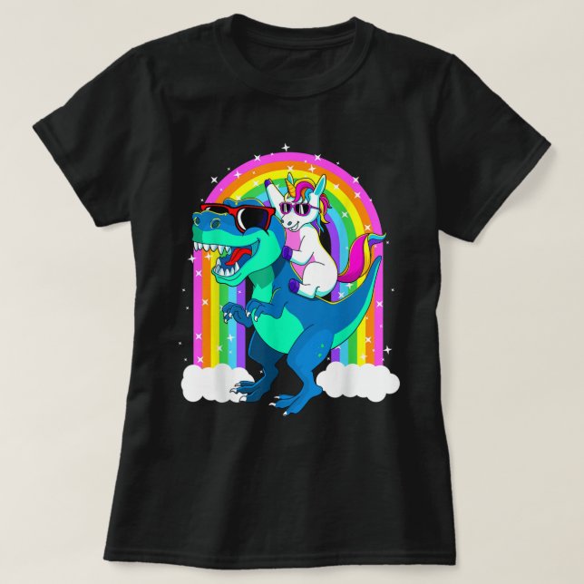 Unicorn Riding Trex Dinosaur Girls Boys Kids Men 1 T-Shirt (Design Front)