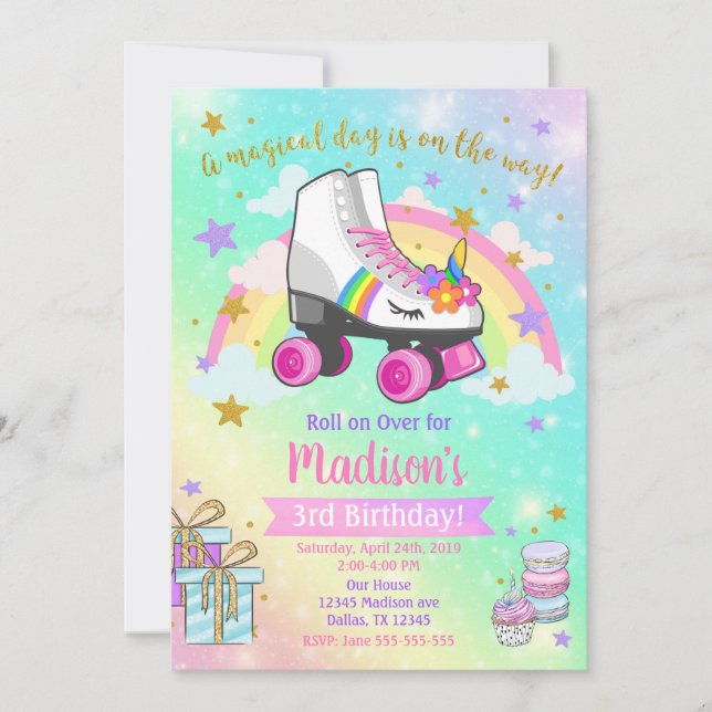 Unicorn Roller Skate Birthday Invitation (Front)