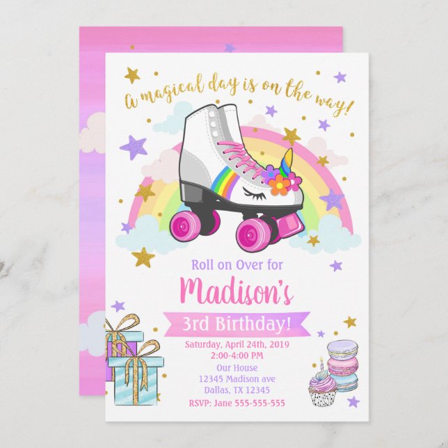 Unicorn Roller Skate Birthday Invitation (Front/Back)