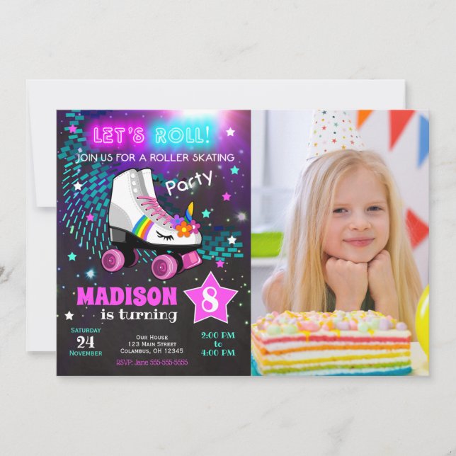 Unicorn Roller Skating Birthday Party Invitation (Front)