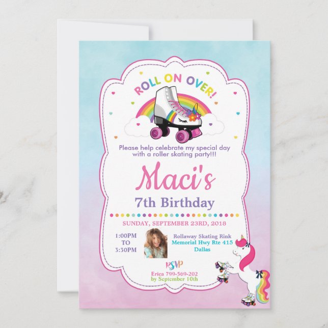 Unicorn Roller Skating Birthday Party Invitation (Front)