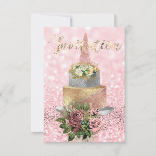 Unicorn Rose Gold Floral Cake Pink Flower Glitter Invitation