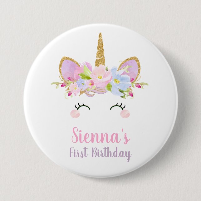 Unicorn Round Badge 1st Birthday Girl (Front)
