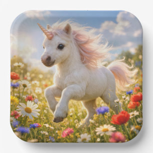 Unicorn Running In Wildflower Field Paper Plate
