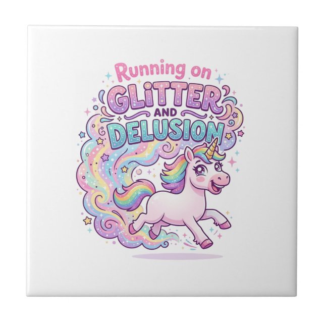 Unicorn Running on Glitter and Delusion Charming M Tile (Front)