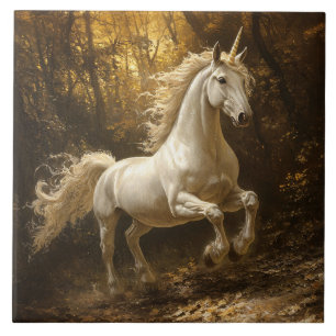 Unicorn Running Through The Forest Painting Tile