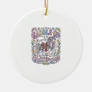 Unicorn Saddle Up Buttercup Colourful White Backgr Ceramic Tree Decoration