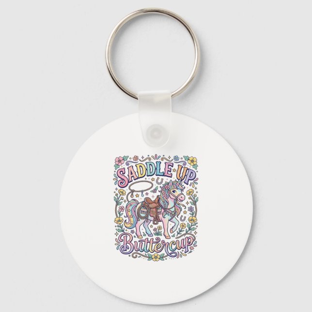 Unicorn Saddle Up Buttercup Colourful White Backgr Key Ring (Front)