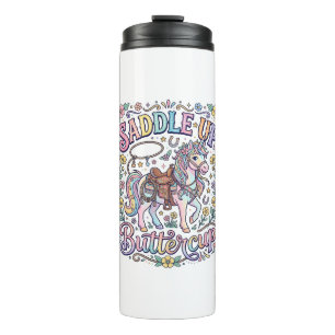 Unicorn Saddle Up Buttercup Colourful White Backgr Thermal Tumbler