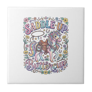 Unicorn Saddle Up Buttercup Colourful White Backgr Tile