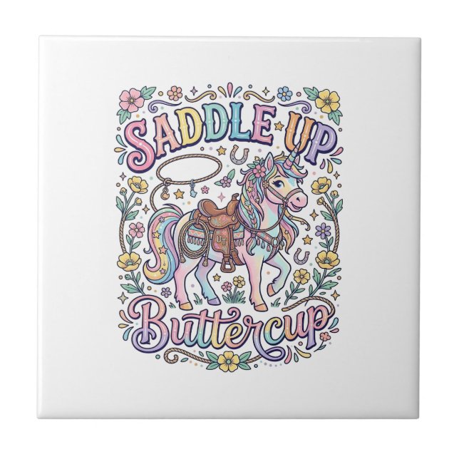 Unicorn Saddle Up Buttercup Colourful White Backgr Tile (Front)