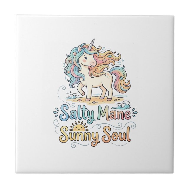 Unicorn Salty Mane Sunny Soul Playful Vector Desig Tile (Front)