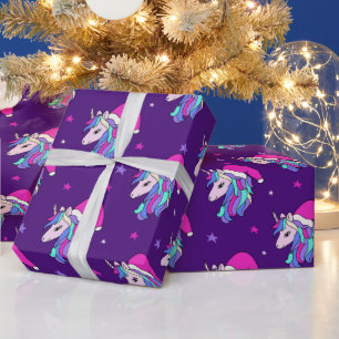 Unicorn Santa Christmas Wrapping Paper Purple 