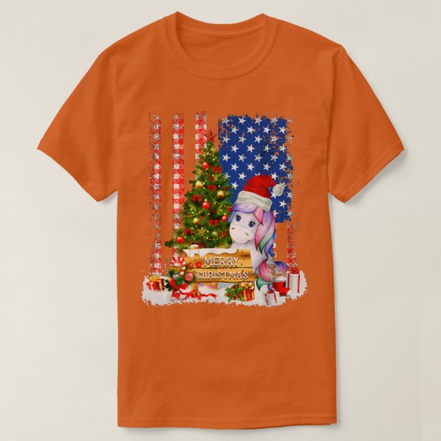Unicorn Santa Hat & Xmas Tree American Flag Merry  T-Shirt (Design Front)