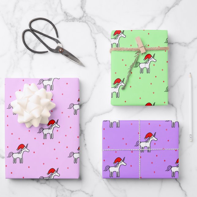 Unicorn Santa in a Variety of Backgrounds Wrapping Paper Sheet (Front)