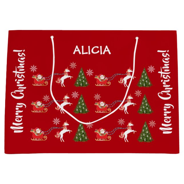 Unicorn Santa Snowflakes Xmas Tree Personalised Large Gift Bag (Front)