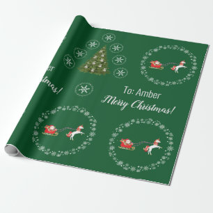 Unicorn Santa's Sleigh Personalize Name Merry Xmas Wrapping Paper