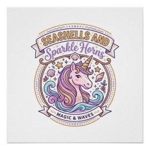 Unicorn Seashells and Sparkle Horns POD Ready Zazz Poster