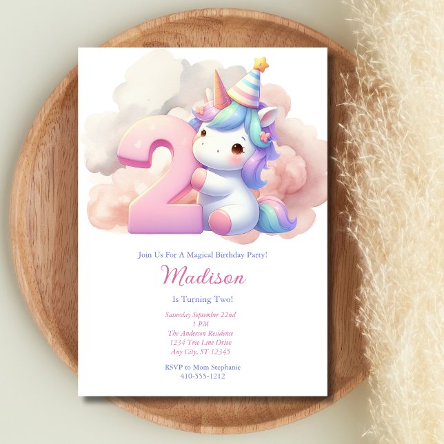 Unicorn Second 2nd Pink Blue Purple Girl Birthday  Invitation (Unicorn 2nd Second Birthday Invitation for Girl. Pink Blue Purple Watercolor. Printed or Digital)