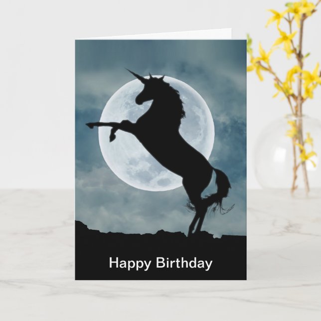 Unicorn Silhouette Full Moon Magical Birthday Card (Yellow Flower)