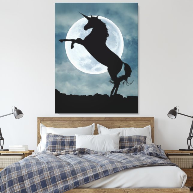 Unicorn Silhouette Full Moon Night Sky Canvas Print (Insitu(Bedroom))