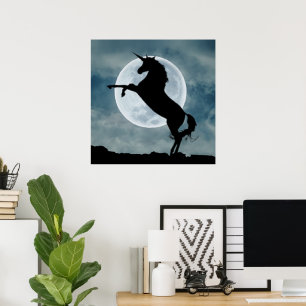 Unicorn Silhouette Full Moon Night Sky Poster