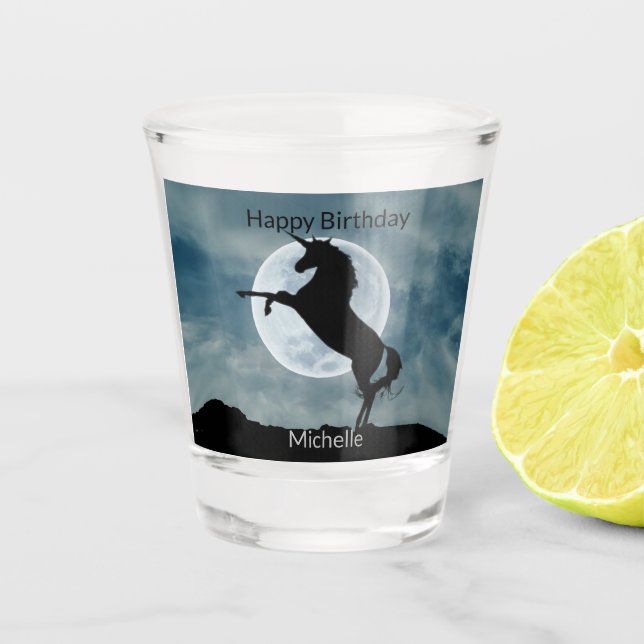 Unicorn Silhouette Moon Happy Birthday Add Name Shot Glass (Front)