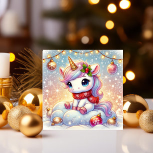 Unicorn Sitting on a Cloud with Christmas Ornament Holiday Card