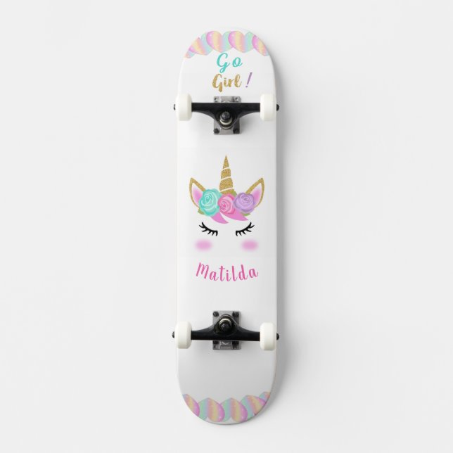 Unicorn skateboard with personalized captions (Front)