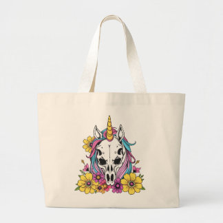 Unicorn Skull Flowers Pastel Goth Soft Grunge Goth Large Tote Bag