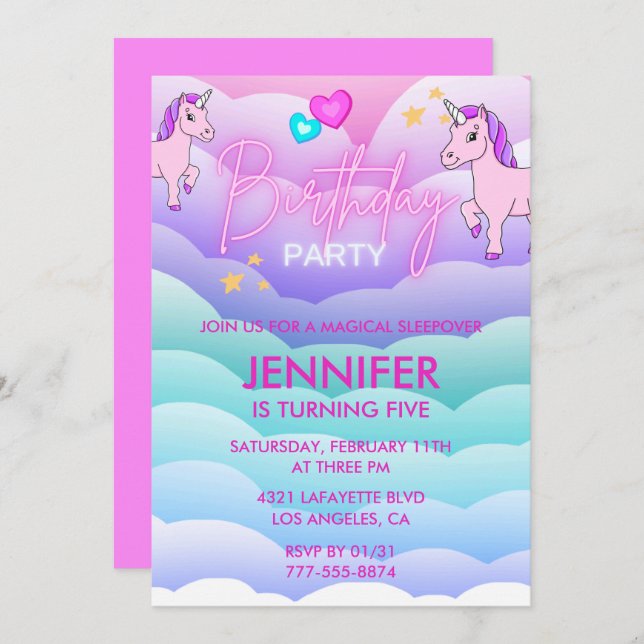 Unicorn Sleepover Invitation 5th Birthday Pink (Front/Back)