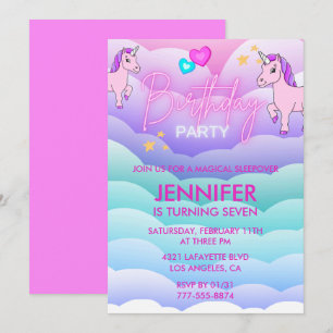 Unicorn Sleepover Invitation 7th Birthday Pink
