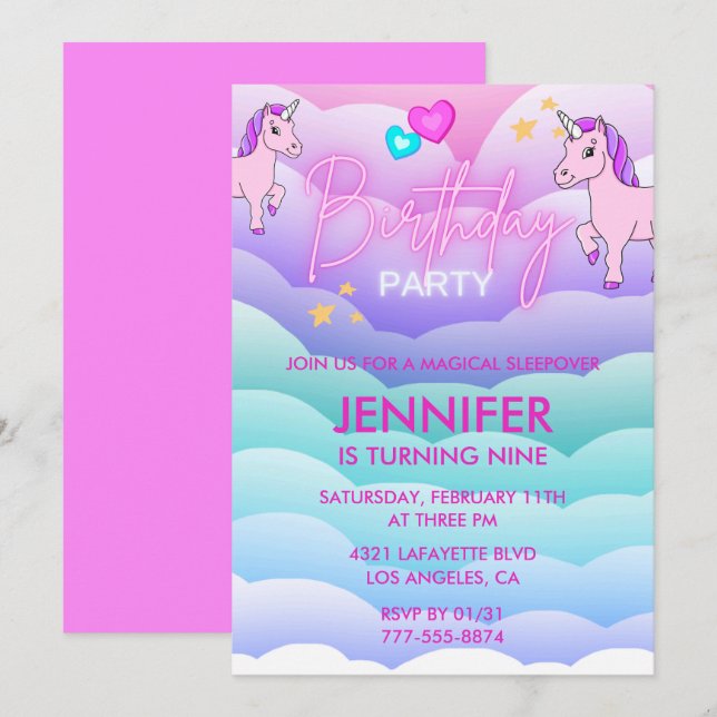 Unicorn Sleepover Invitation 9th Birthday Pink (Front/Back)