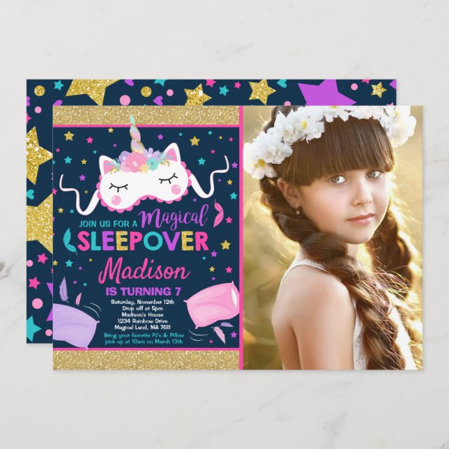 Unicorn Sleepover Party Invitation Slumber Party (Front/Back)