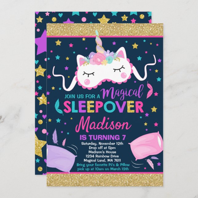 Unicorn Sleepover Party Invitation Slumber Party (Front/Back)