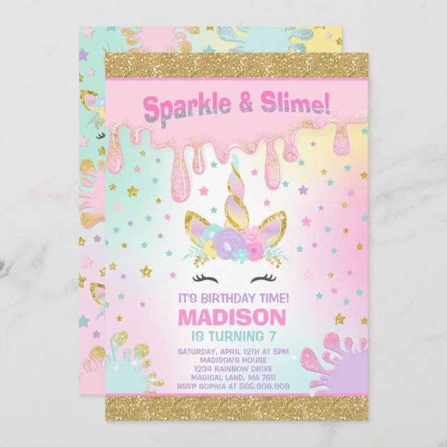 Unicorn Slime Birthday Invitation Slime Party (Front/Back)
