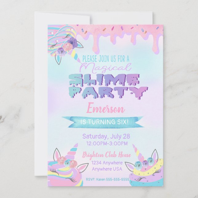 Unicorn Slime Birthday Party invitations, invite (Front)