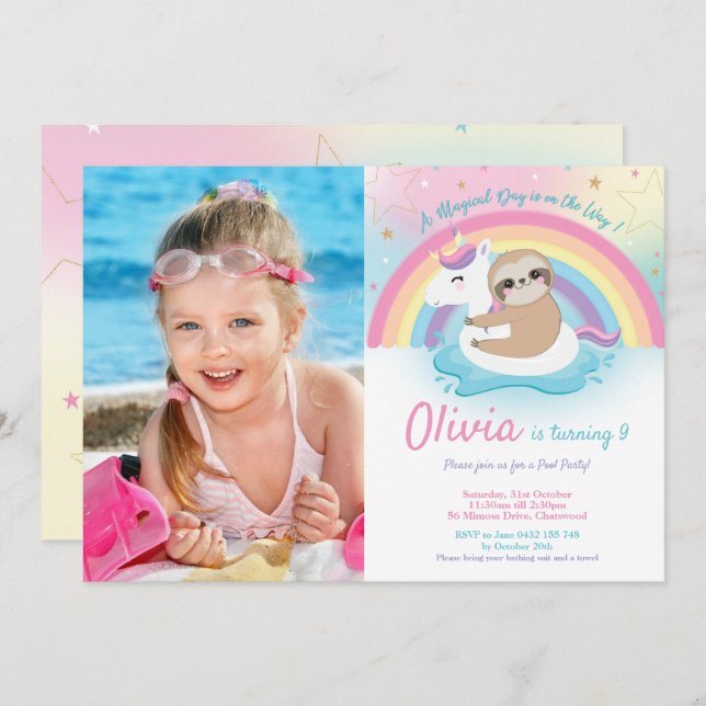 Unicorn Sloth Pool Party Birthday Girl Photo Invitation (Front/Back)