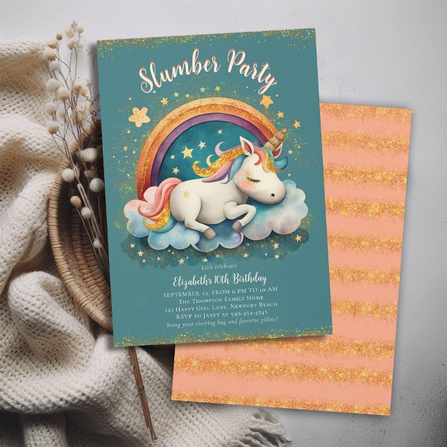 Unicorn Slumber Pajama Party Teal Girl Birthday Invitation (magical unicorn child girls slumber pajama pj sleepover party invitation teal pink orange glitter)