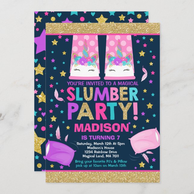 Unicorn Slumber Party Birthday Invitation (Front/Back)