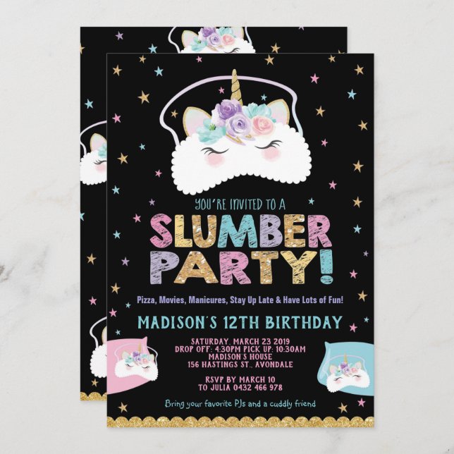 Unicorn Slumber Party Birthday Invitation Pajama (Front/Back)