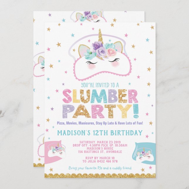 Unicorn Slumber Party Birthday Invitation Pajama (Front/Back)