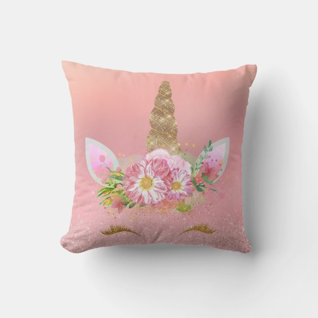 Unicorn Smiling Lashes Pink Rose Gold Glam Flowers Cushion (Front)