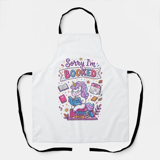 Unicorn Sorry I'm Booked Retro Style Print on Dema Apron (Front)